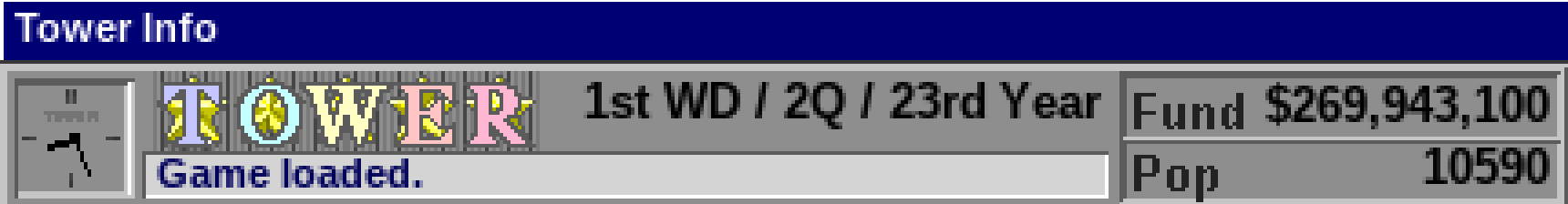 The SimTower info bar showing the TOWER rating: 23rd year, $269,943,100 in the fund, population 10,590